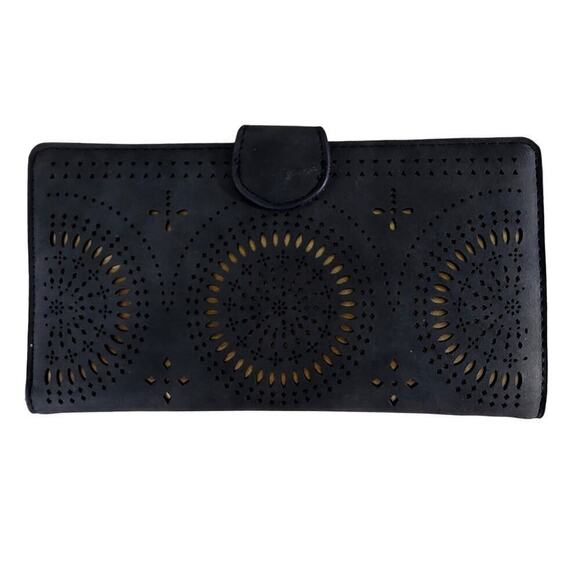 Violet Ray Black Vegan Suede Leather Tooled Medallion Large Wallet - Picture 2 of 6